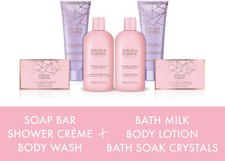 Baylis & Harding Jojoba, Vanille & Mandelöl Verwöhn-Geschenkset - Vegan-freundlich-Bath & Body Gift Baskets-Baylis & Harding-300ml Bath Milk, 300ml Body Wash, 130ml Shower Crème, 100g Bath Soak Crystals and 150g Soap-MyScent